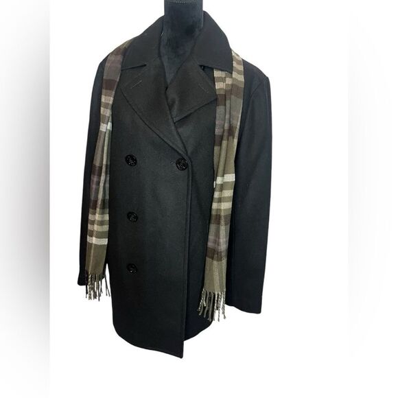 NWT LIZ CLAIBORNE MENS BLACK WOOL BLEND W/ PLAID SCARF ATTACHED PEACOAT SIZE M - Picture 2 of 12